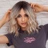 Bob Curly Wig with Fringe, Short Synthetic Wavy Wigs for Women Blonde with Dark Roots Color