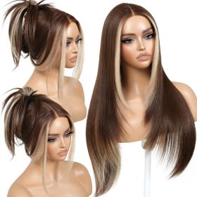 Glueless Wig Wear and Go Brown Wig with Highlight Bangs Synthetic Lace Front Wigs for Women Pre Cut Lace Pre Plucked Peekaboo Layered Wig Ready to We