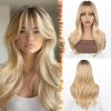 Ombre Blonde Layered Wig with Bangs - 20 Inch Blonde Ombre Layered Wig with Dark Roots for Women - Natural Looking Soft Wavy Synthetic Sabrina Wigs L