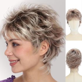 Pixie Cut Wig for White Women ��� Short Curly Dark Brown Ombre Blonde Wig with Bangs, Glueless Synthetic Wig with New Cap Design, Realistic Look Dail