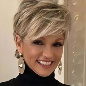 Creamily Short Blonde Wigs for Women Pixie Cut Wigs with Bangs Natural Straight Layered Synthetic Hair Short Wig for Women Daily Cosplay Party Hallow