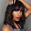 Black Mixed Brown Wig for Black Women 14 Inch Short Wavy Hair Wigs Curly Bob Wig with Bangs Wigs Shoulder Length Wigs for Black Women Bob Style Synth
