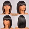 Bob Wig With Bangs - 12 Inch Peek-a-boo Color Short Bob Wig For Black Women Black Mix Brown Daily Costume Wigs, Light Yaki Straight Synthetic Hair Wi