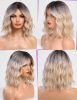 Bob Curly Wig with Fringe, Short Synthetic Wavy Wigs for Women Blonde with Dark Roots Color