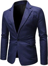 Men's Plaid Suit Jacket Casual One Button Regular Fit Blazer Classic Plaid Sport Coat Stylish Dress Coat (Color: blue2, size: L)