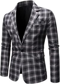 Men's Plaid Suit Jacket Casual One Button Regular Fit Blazer Classic Plaid Sport Coat Stylish Dress Coat (Color: black1, size: XL)