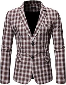 Men's Plaid Suit Jacket Casual One Button Regular Fit Blazer Classic Plaid Sport Coat Stylish Dress Coat (Color: Brown, size: XXL)