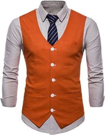 Men's V-neck Solid Color Single-breasted Suit Vests Candy Color Casual Slim Fit Vests (Color: ORANGE-L)