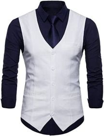 Men's V-neck Solid Color Single-breasted Suit Vests Candy Color Casual Slim Fit Vests (Color: WHITE-L)