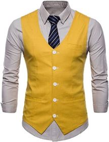Men's V-neck Solid Color Single-breasted Suit Vests Candy Color Casual Slim Fit Vests (Color: YELLOW-XL)