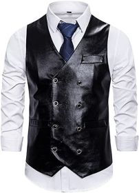 Men's Metal Texture Shiny Vest Fashion Solid Color Double Breasted Vest Nightclub Party Show (Color: BLACK-S)