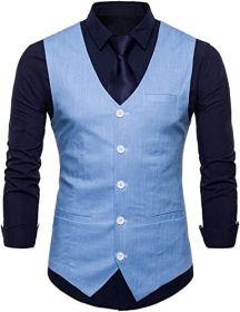 Men's V-neck Solid Color Single-breasted Suit Vests Candy Color Casual Slim Fit Vests (Color: LIGHT BLUE-XL)