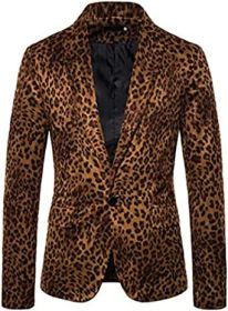 Men's Leopard Print Blazers Fashion Slim Fit Tuxedo Casual One Button Lapel Suit Jackets (Color: BROWN-L)