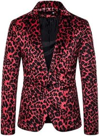 Men's Leopard Print Blazers Fashion Slim Fit Tuxedo Casual One Button Lapel Suit Jackets (Color: RED-M)