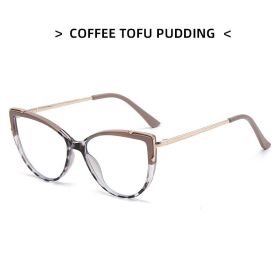 HD anti-blue light glasses frame trendy cat eye metal glasses frame flat mirror (Color: Coffee and Douhua)