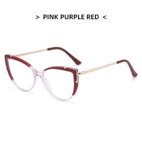 HD anti-blue light glasses frame trendy cat eye metal glasses frame flat mirror (Color: Transparent powder purple at both ends)
