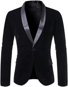 Men's Fashion Velvet Blazesr Casual Slim Fit Jackets Shawl Collar Single Row One Button Suit Jackets Groom's Dress (Color: BLACK-XXL)