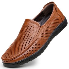 Men Hollow Out Breathable Leather Shoes Casual Loafers Genuine Leather Soft Slip-on Walking Footwear Men Comfortable Sneakers (Color: KHAKI, size: 42)