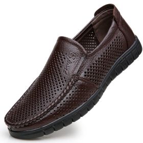 Men Hollow Out Breathable Leather Shoes Casual Loafers Genuine Leather Soft Slip-on Walking Footwear Men Comfortable Sneakers (Color: Brown, size: 38)