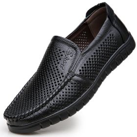 Men Hollow Out Breathable Leather Shoes Casual Loafers Genuine Leather Soft Slip-on Walking Footwear Men Comfortable Sneakers (Color: BLACK, size: 43)