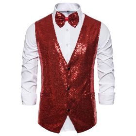 Men's Red Small Sequin Suit Vests Stage Costumes Waistcoat for Disco Wedding Party Club (Color: Red, size: XL)