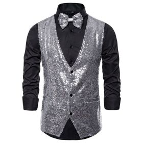Men's Stage Costumes Silver Small Sequin Suit Vests Waistcoat for Party Disco Wedding Club (Color: Silver, size: M)