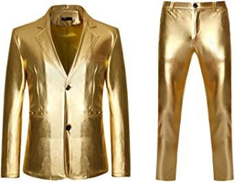 Mens Bright Solid Color Two Piece Sets Single Row Two Buttons Slim Fit Blazers Trousers (Specification: GOLDEN-L)