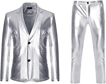 Mens Bright Solid Color Two Piece Sets Single Row Two Buttons Slim Fit Blazers Trousers (Specification: SILVER-M)