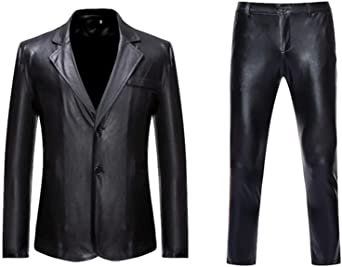 Mens Bright Solid Color Two Piece Sets Single Row Two Buttons Slim Fit Blazers Trousers (Specification: BLACK-L)