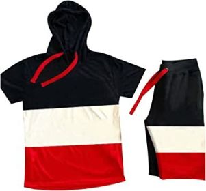 Men's Casual Stitching Color 2 Piece Short Sets Outfits Loose Hooded Short-Sleeved T-shirt + Shorts Siuts (Color: 03-M)
