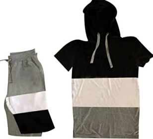 Men's Casual Stitching Color 2 Piece Short Sets Outfits Loose Hooded Short-Sleeved T-shirt + Shorts Siuts (Color: 06-XL)