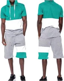Men's Casual Stitching Color 2 Piece Short Sets Outfits Loose Hooded Short-Sleeved T-shirt + Shorts Siuts (Color: 04-M)