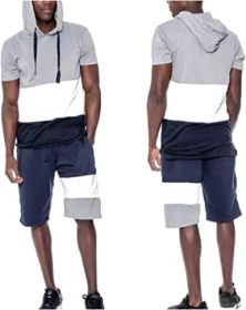 Men's Casual Stitching Color 2 Piece Short Sets Outfits Loose Hooded Short-Sleeved T-shirt + Shorts Siuts (Color: 01-XL)
