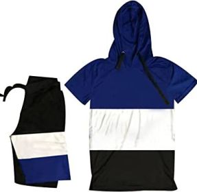 Men's Casual Stitching Color 2 Piece Short Sets Outfits Loose Hooded Short-Sleeved T-shirt + Shorts Siuts (Color: 05-M)