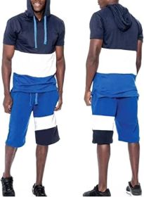 Men's Casual Stitching Color 2 Piece Short Sets Outfits Loose Hooded Short-Sleeved T-shirt + Shorts Siuts (Color: 02-M)