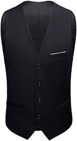 Mens Formal Suit Vest Business Formal Dress Waistcoat Vest with 3 Pockets for Suit or Tuxedo (Color: BLACK-M)