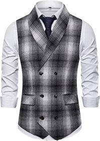 Men's V-Neck Double Breasted Suit Vest Casual Slim Fit Dress Plaid Vest Waistcoat (size: BLACK-M)