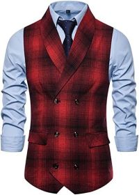 Men's V-Neck Double Breasted Suit Vest Casual Slim Fit Dress Plaid Vest Waistcoat (size: RED-XXL)