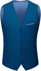 Mens Formal Suit Vest Business Formal Dress Waistcoat Vest with 3 Pockets for Suit or Tuxedo (Color: LAKE BLUE-L)