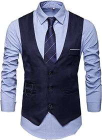 Men's Suit Vest Casual Slim Fit Business Professional Formal Vest (size: NAVY-L)
