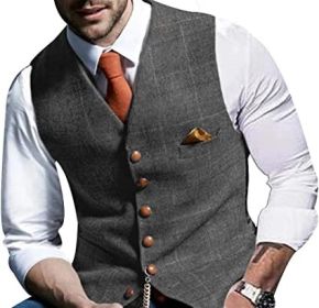 Men's Single Breasted V-neck Plaid Vest Casual Slim Fit Vest Jacket (size: GREEN-XL)