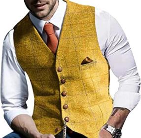 Men's Single Breasted V-neck Plaid Vest Casual Slim Fit Vest Jacket (size: YELLOW-L)