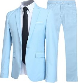 Men's Slim Fit 2-Piece Business Suit, Jacket, Trousers (Color: light blue, size: XL)