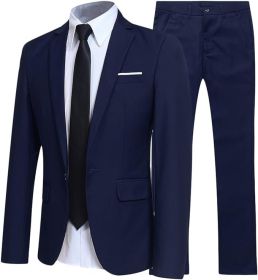 Men's Slim Fit 2-Piece Business Suit, Jacket, Trousers (Color: Blue, size: L)