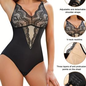 Contrast Lace Shaping Bodysuit, V Neck Sleeveless Slimming Body Shaper, Women's Underwear & Shapewear (Color: BLACK, size: L(8/10))