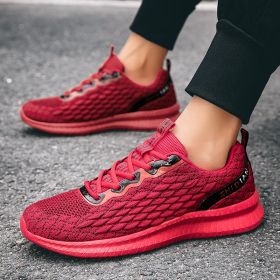 2024 new men's sports shoes flying woven leisure running shoes (Color: Red, size: 45)