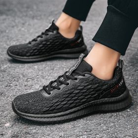 2024 new men's sports shoes flying woven leisure running shoes (Color: BLACK, size: 45)