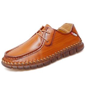 New men's large casual loafers Breathable casual leather non-slip soft sole Dad leather fashion trend men's shoes (Color: Brown, size: 44)