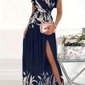 Floral Print V Neck Dress, Boho Split Short Sleeve Dress For Spring & Summer, Women's Clothing (Color: Sea Blue, size: XL(12))