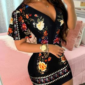 Vintage Floral Print Dress, Casual V Neck Short Sleeve Bag Hip Dress, Women's Clothing (Color: BLACK, size: L(8/10))
